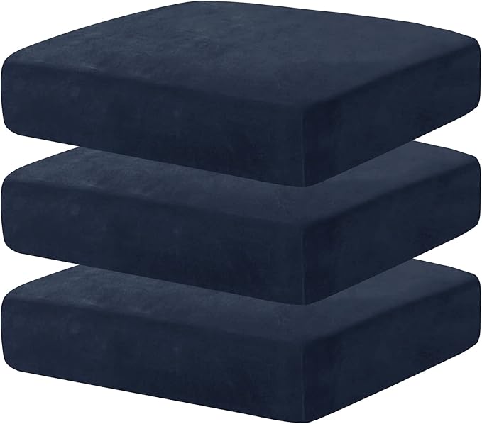 MAXIJIN Velvet Stretch Cushion Covers Fitted Couch Cushion Slipcovers Sofa Seat Cushion Covers for Individual Cushions with Elastic Bottom (3 Piece Sofa Seat Slipcovers, Navy Blue)