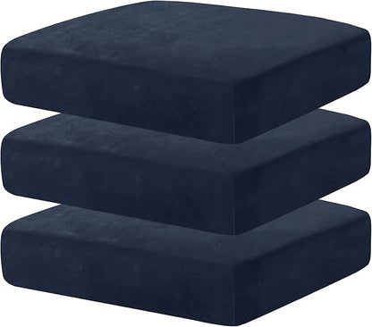 MAXIJIN Velvet Stretch Cushion Covers Fitted Couch Cushion Slipcovers Sofa Seat Cushion Covers for Individual Cushions with Elastic Bottom (3 Piece Sofa Seat Slipcovers, Navy Blue)