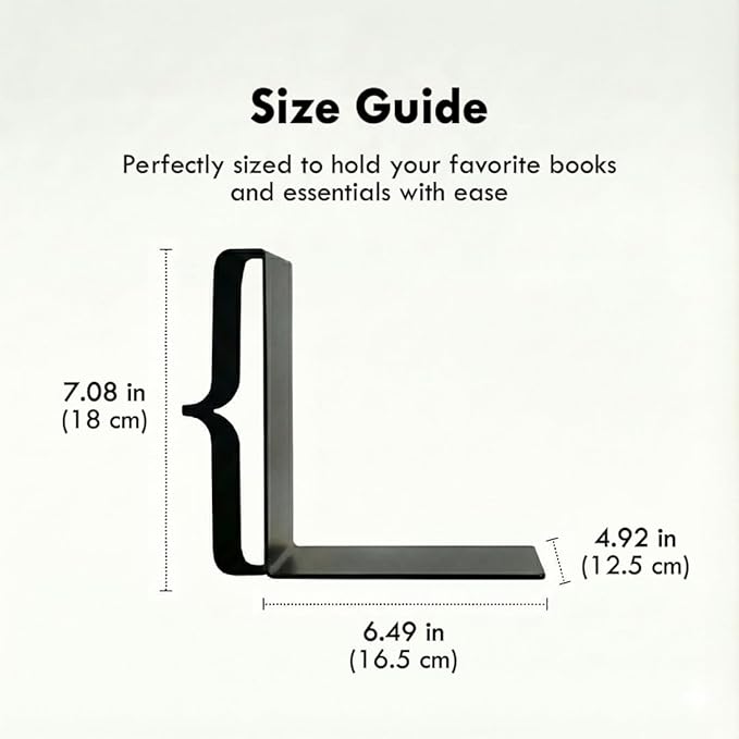 Decorative Bookends for Shelves - Modern Bracket Shaped Metal Book Ends for Home Office Decor, Unique Minimalist Desk Accessories & Gift (Black)