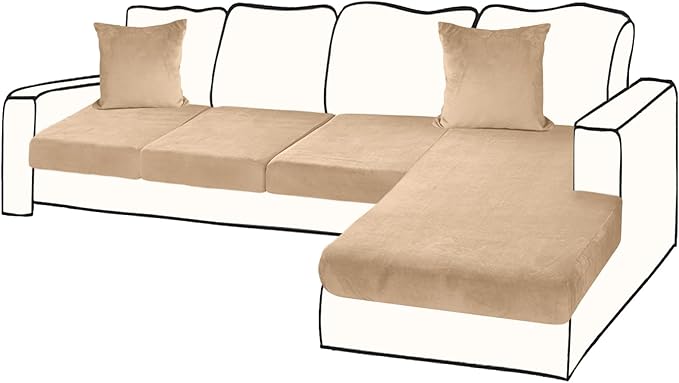 Sectional Couch Covers for 4-Piece Seat Cushion Velvet Separate L Shape Couch Cover Stretch Sofa Slipcover with 2 Pieces Pillowcases Furniture Protector (Sofa 3 Seater + 1 Chaise, Camel)