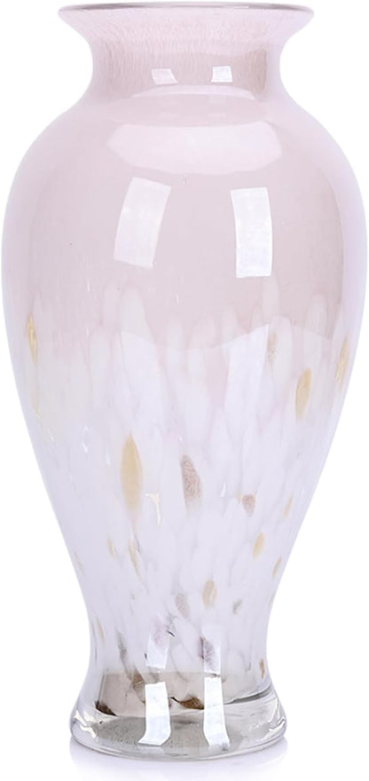 Hand Blown Glass Vase 11.8" Tall Beautiful Pink Sea Wide Mouth Bud Vase for Table Centerpiece, Painted Colorful Murano Glass Flower Vases for - Home Entrance Wedding Center