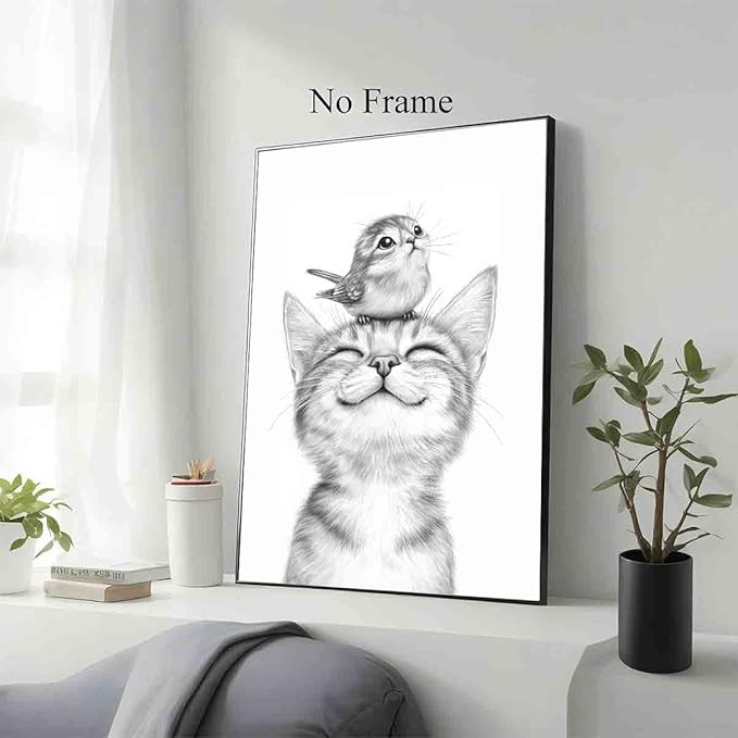 Sketch Bird Wall Art Cute Cat Poster Black And White Sketch Wall Art Black And White Cat Minimalist Animal Print Pets Painting Farmhouse Bird Pictures Animal Poster Living Room Decor 16x24in No Frame