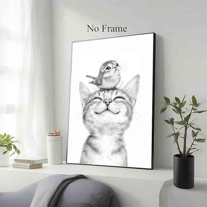 Sketch Bird Wall Art Cute Cat Poster Black And White Sketch Wall Art Black And White Cat Minimalist Animal Print Pets Painting Farmhouse Bird Pictures Animal Poster Living Room Decor 16x24in No Frame