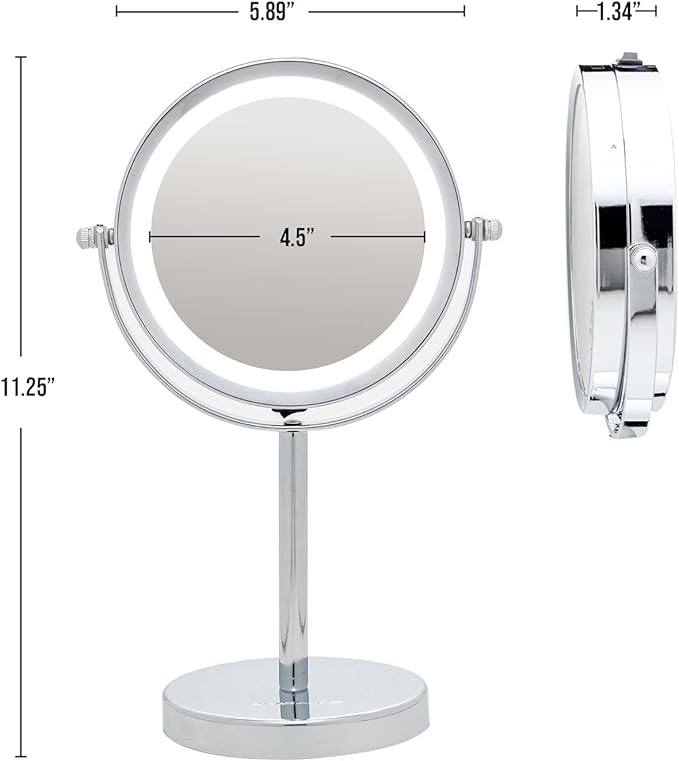OVENTE 6" Lighted Makeup Mirror with 1X/7X Magnification, Cordless Tabletop Mount Vanity Round Mirror with 360° Swivel Design and Double Sided Cool Tone LED Ring Light, Polished Chrome MLT60CH1X7X