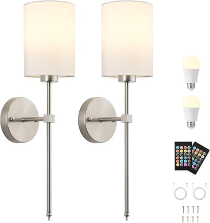 Battery Operated Wall Sconce Set of Two,Wireless Rechargeable Wall Light With Remote Control, Dimmable, 1800K/3000K/4000K/6000K/RGB, Timer, for Living Room, Bedroom, Fireplace, TV, 26.8 Inch, Nickel