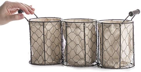 Factory Direct Craft Versatile Brown Chicken Wire Triple Basket with Natural Linen Liner. Use The Small Basket as Cottage, Coastal or Farmhouse Home Decor Organizer.
