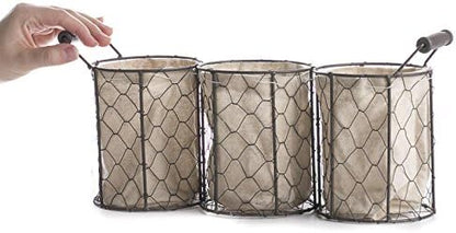 Factory Direct Craft Versatile Brown Chicken Wire Triple Basket with Natural Linen Liner. Use The Small Basket as Cottage, Coastal or Farmhouse Home Decor Organizer.