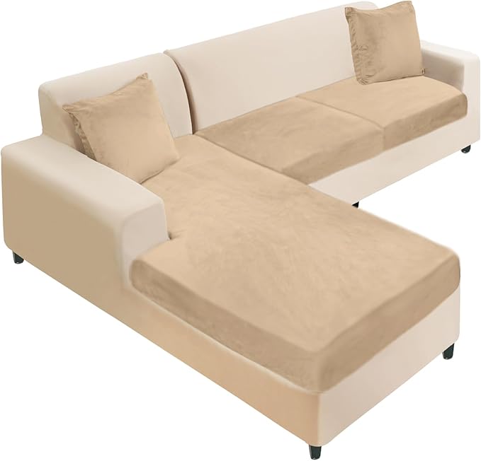 NAISI Sectional Couch Cover 3 Pieces Velvet Separate Couch Cushion Covers L Shape Soft Stretch Sofa Slipcovers with 2pcs Pillowcases for Left/Right Chaise Sectional Couch(2 Seater+1 Chaise,Camel)