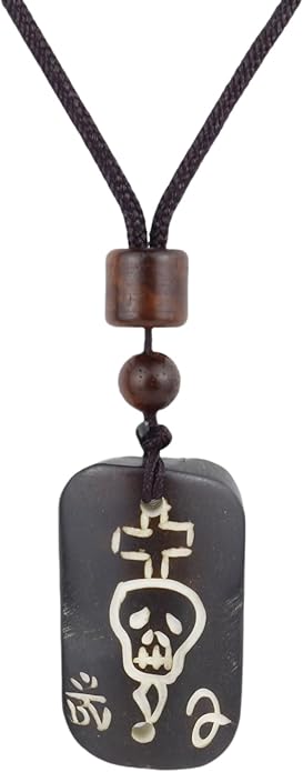 Handmade Black Bull Bone Pendant Necklace, Traditional Tribal Design, Wooden Beads, Adjustable Braided Rope, 24 Inch, Surfer Style