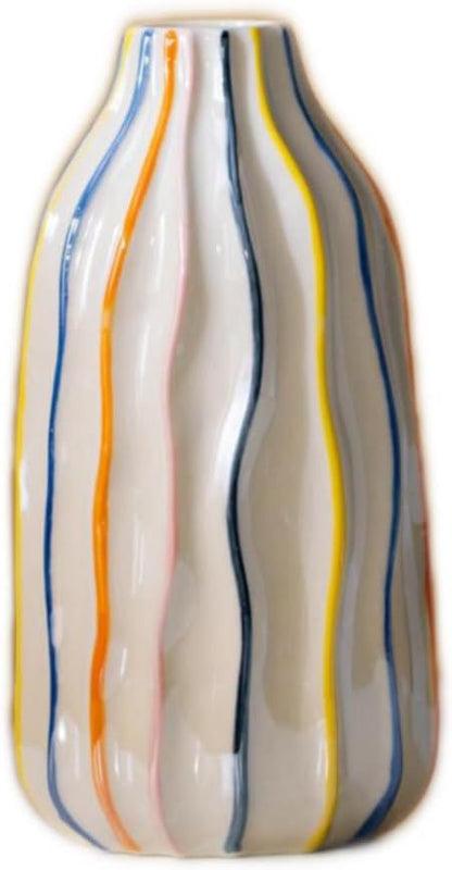 Handmade Beige Ceramic Vase with Colorful Stripes,Modern Boho Home Decor Centerpiece, Unique Holiday&Housewarming Present for Women (A)