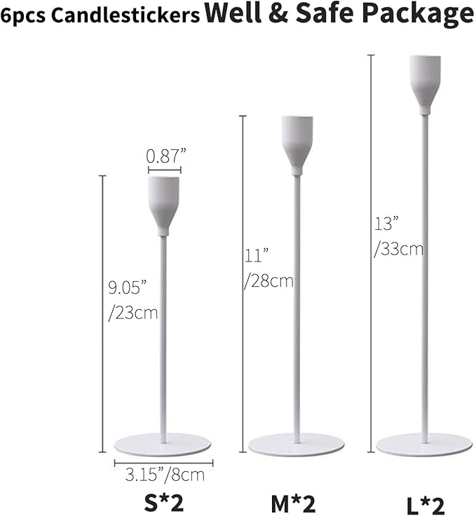 Candlestick Holders Set of 6 Taper Candle Stick Holders, Mantel White Candlestick Holders for 3/4" Taper&Led Candle, Elegant Candle Holder Centerpiece for Wedding/Party/Dinning/Anniversary