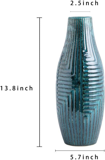 hjn Teal Hand-Glazed Ceramic Vase - 13.8" H Modern Decorative Centerpiece Vase for Fresh/Dried Flowers, Home Decor for Living Room Bookshelf Mantel | Wedding Housewarming Gift
