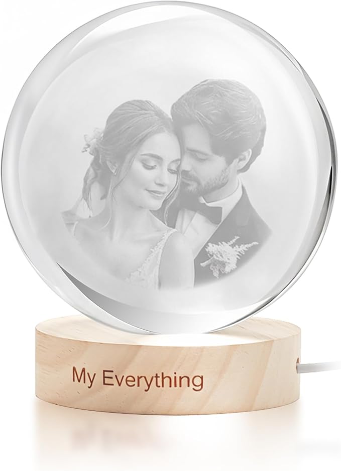 Custom 3D Crystal Photo Night Light Personalized Photo Crystal Ball Engraved Picture Lamp with Wood Base Memorial Gift for Pets Family Couple Birthday Valentine's Day (Style 2)