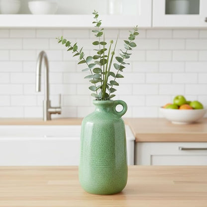 Sunddo Green Ceramic Vase 10 Inch - Modern Decorative Vase with 1 Handle, Table, Shelf Bookshelf, Mantel, Entryway Decor and Centerpieces