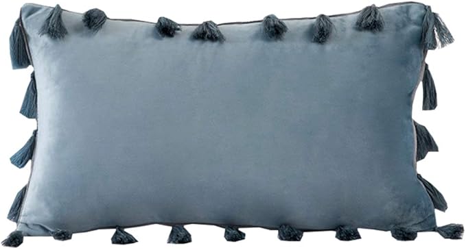 vctops Velvet Soft Solid Decorative Throw Pillow Cover with Tassels Boho Accent Cushion Case for Couch Bedroom Car Water Blue 12''x20''
