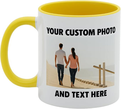 Personalized Coffee Mug | Custom Photo, Text, or Logo Cup (11oz, Yellow Rim, Inner, and Handle) |Dishwasher & Microwave Safe |Unique Gift for Men & Women –Taza Personalizada