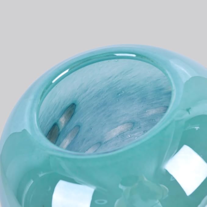 Teal Glass Vase – 7.1in Hand Blown Wide Mouth Art Glass Vase – Turquoise Decorative Vase for Flowers, Centerpieces, Bookshelf, Bathroom, Dining Table or Living Room Display