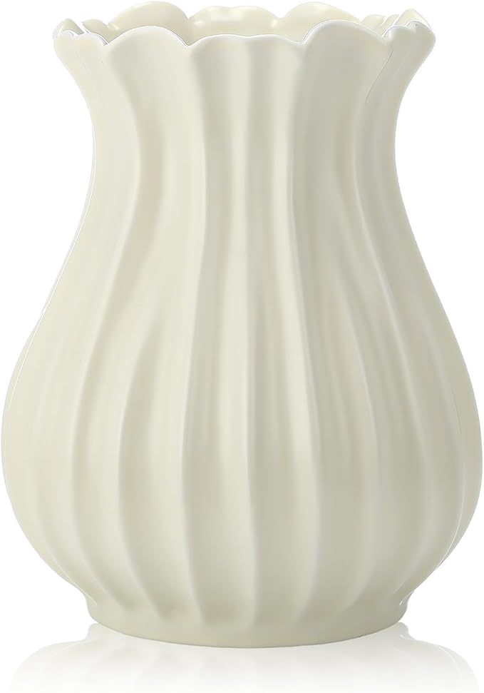 Large White Vintage 9 Inch Pleated Ceramic Vase Sour Cream Stylish Decorative Flower Vase for Bouquet Home Farmhouse Living Room Cabinet Table Centerpieces Kitchen Shelf Wedding Decorations
