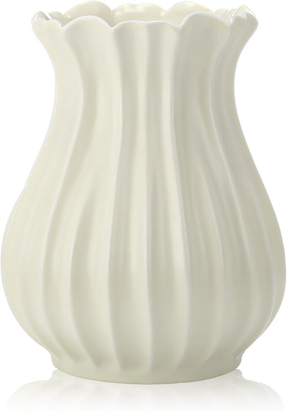 Large White Vintage 9 Inch Pleated Ceramic Vase Sour Cream Stylish Decorative Flower Vase for Bouquet Home Farmhouse Living Room Cabinet Table Centerpieces Kitchen Shelf Wedding Decorations