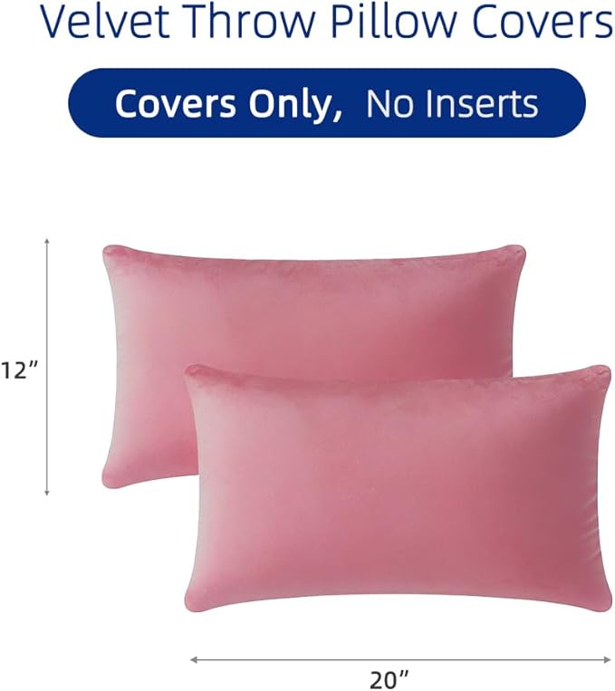 QUORGVES Pink Velvet Pillow Covers 12x20 Inch Set of 2, Soft Solid Decorative Lumbar Throw Pillow Covers, Decor Cushion Covers for Bed Sofa Couch Bedroom Living Room