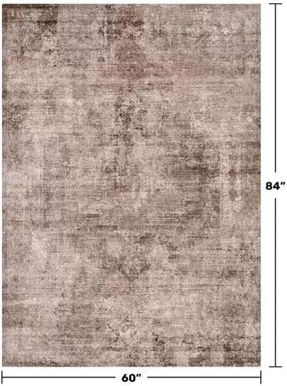 Rustic Brown Abstract 5x7 Rug for Bedroom - Office Rug for Home Office, Living Room, Taupe with red Accent, Washable, Non Slip & Soft, Medallion Indoor Décor