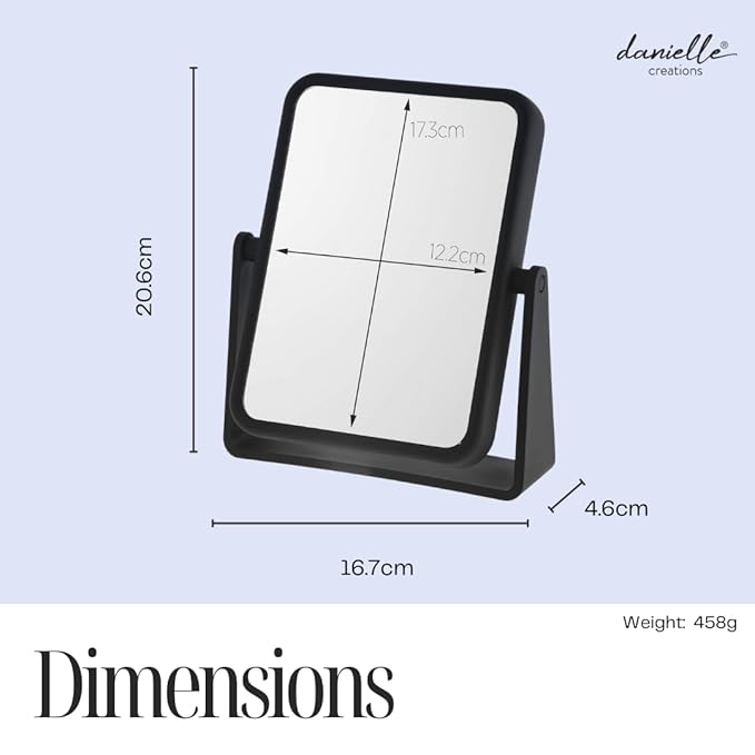 Danielle Creations Rectangle Soft Touch Vanity Mirror, Black, 1x/7x Magnifying Makeup Mirror with Stand, Portable Tabletop Bathroom or Desk Mirror