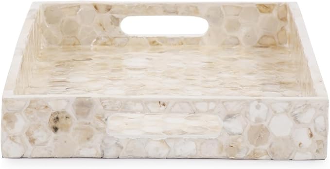 Howard Elliott Capiz Shell Wooden Serving Tray with Handle, Yellow Hexagon Capiz Shells Finish Modern Accent Rectangle Wooden Decorative Tray Platters for Breakfast, Parties, Weddings, 18 x 12 Inch
