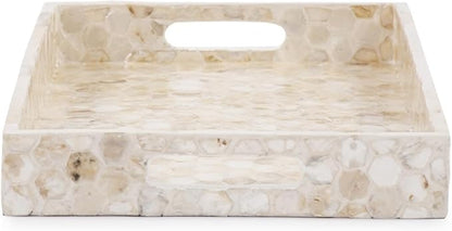 Howard Elliott Capiz Shell Wooden Serving Tray with Handle, Yellow Hexagon Capiz Shells Finish Modern Accent Rectangle Wooden Decorative Tray Platters for Breakfast, Parties, Weddings, 18 x 12 Inch
