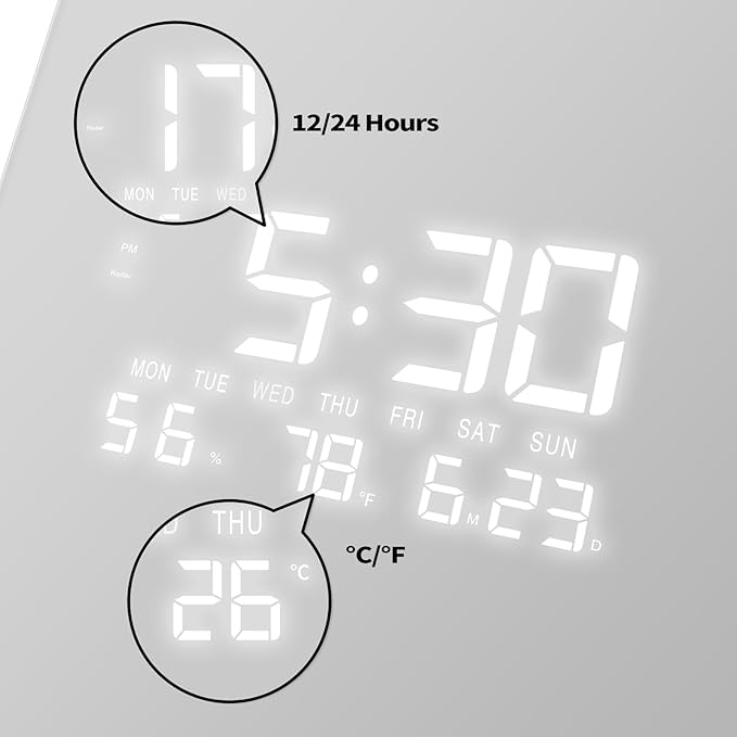 Electric Digital Corner Wall Clock Large Display Temperature 12/24H White Smart Clocks Silent Analog Battery Operated Square Modern Clock with Night Light for Living Room Kitchen Decor 12 Inch