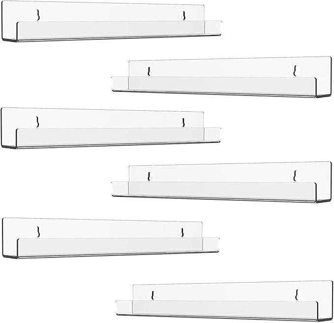ROYALITA 6 Pack Clear Acrylic Shelves Vinyl Record Holders Wall Mount, 12 Inch Floating Vinyl Holder for Album Record/Nail Polish Display & Wall Decor