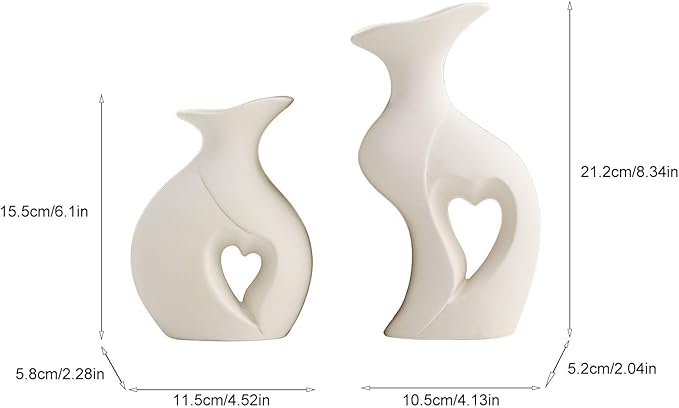 Ceramic Vase - 2 Piece Heart-Shaped Modern Home Decor, Aesthetic Table Centerpiece, Handcrafted Flower Vase Set, Matte White Wedding & Gift, Shelf Sculpture