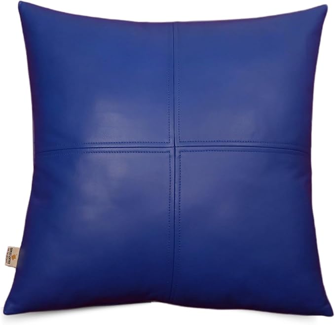 Lambskin Leather Pillow Cover, Hand Panel Stitched Leather Decorative Throw Pillow Covers for Couch Sofa Bed Living Room Garden (16x16 Inches, Deep Blue Pack of 1)