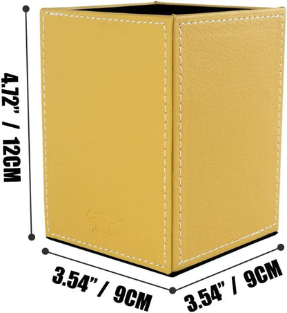Pen Pencil Holder Cup Container PU Leather Desk Organizer Stand Decor Brush Scissor Holder Decoration Office Desk Home School (Yellow, 3.54" x 3.54" x 4.72")