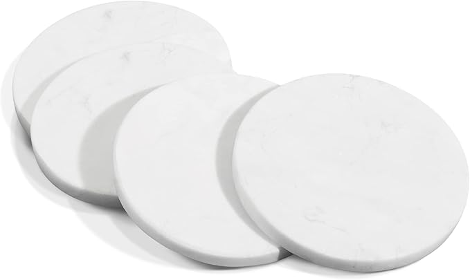 Mela Artisans Set of 4 Hand Crafted Marble Coasters - White, Round | Coffee Table Decor | Absorbent Keeping Surfaces Dry & Safe | Ideal for Wine Glasses, Water Cups or Beer Mugs