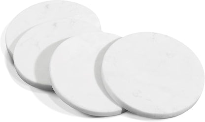Mela Artisans Set of 4 Hand Crafted Marble Coasters - White, Round | Coffee Table Decor | Absorbent Keeping Surfaces Dry & Safe | Ideal for Wine Glasses, Water Cups or Beer Mugs