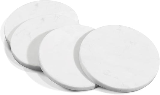 Mela Artisans Set of 4 Hand Crafted Marble Coasters - White, Round | Coffee Table Decor | Absorbent Keeping Surfaces Dry & Safe | Ideal for Wine Glasses, Water Cups or Beer Mugs