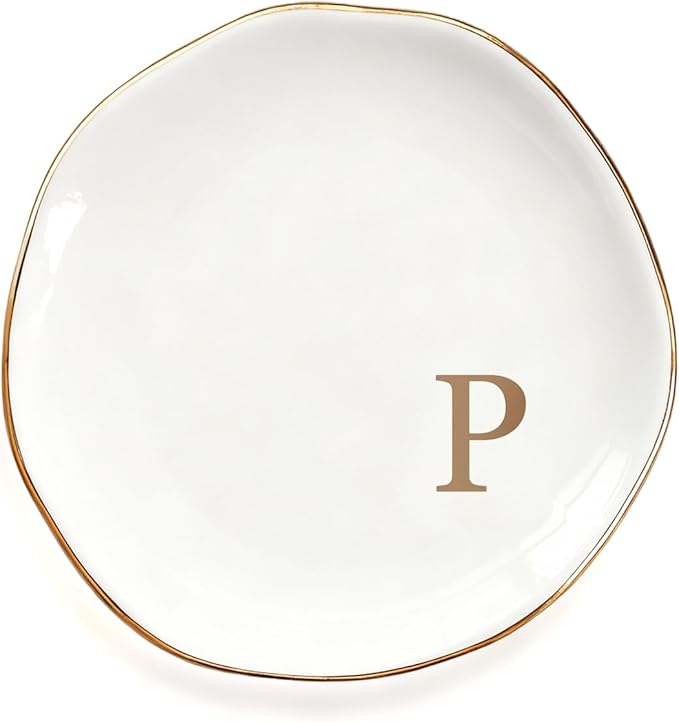 Fmeida Ceramic Jewelry Tray, Initial Room DecorTrinket Dish for Rings Earrings Necklaces Bracelet, Birthday Valentine's Mother's Day Christmas Wedding Gift for Women, 4.5", Rose Gold P