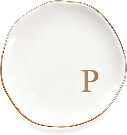 Fmeida Ceramic Jewelry Tray, Initial Room DecorTrinket Dish for Rings Earrings Necklaces Bracelet, Birthday Valentine's Mother's Day Christmas Wedding Gift for Women, 4.5", Rose Gold P