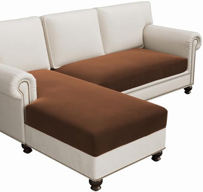 H.VERSAILTEX Fleece 2 Piece Sectional Couch Covers L Shape Stretch Couch Cushion Covers Thick and Soft Sofa Covers for Sectional Sofa Set Washable (2 Seater + 1 Chaise, Caramel)