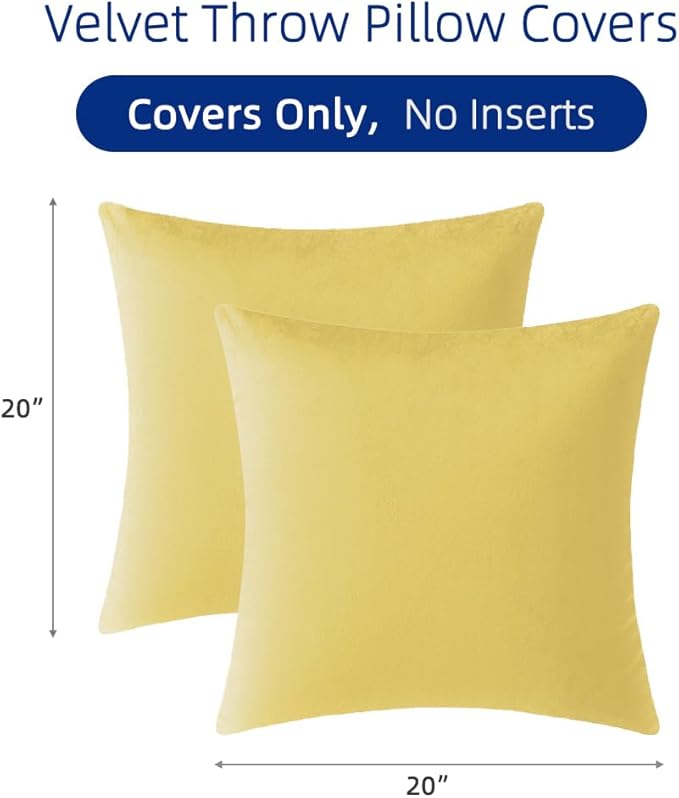 QUORGVES Yellow Velvet Pillow Covers 20x20 Inch Set of 2, Soft Solid Decorative Square Throw Pillow Covers, Decor Cushion Covers for Bed Sofa Couch Bedroom Living Room - Spring Summer Light Lemon