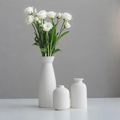 Distressed Ceramic Vase Set of 3, Modern Bohemian Farmhouse Home Decor, Pampas Grass Dried Flowers Vases for Living Room, Dining Room, Bedroom, Kitchen, Bathroom, Office, Entryway (White)
