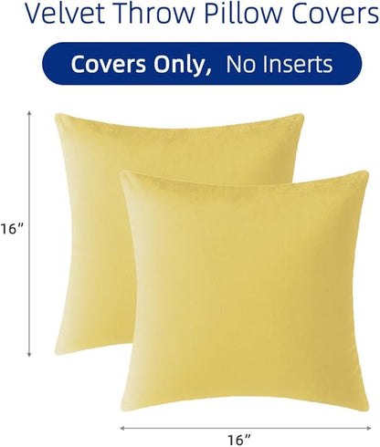QUORGVES Yellow Velvet Pillow Covers 16x16 Inch Set of 2, Soft Solid Decorative Square Throw Pillow Covers, Decor Cushion Covers for Bed Sofa Couch Bedroom Living Room - Spring Summer Light Lemon