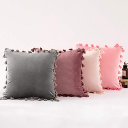 vctops Velvet Soft Solid Decorative Throw Pillow Cover with Tassels Boho Accent Cushion Case for Couch Bedroom Car Grey 18''x18''