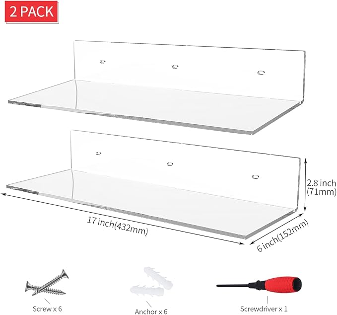 Sezanrpt 17 Inches Acrylic Shelves, Wall Mounted Shelves for Bedroom, Wall Display Shelves for Collectibles, Funko Pop, Speaker, Plants, 2 Pack