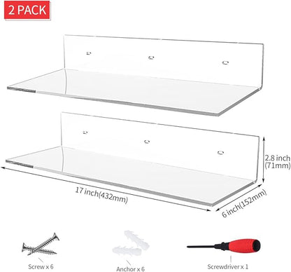 Sezanrpt 17 Inches Acrylic Shelves, Wall Mounted Shelves for Bedroom, Wall Display Shelves for Collectibles, Funko Pop, Speaker, Plants, 2 Pack