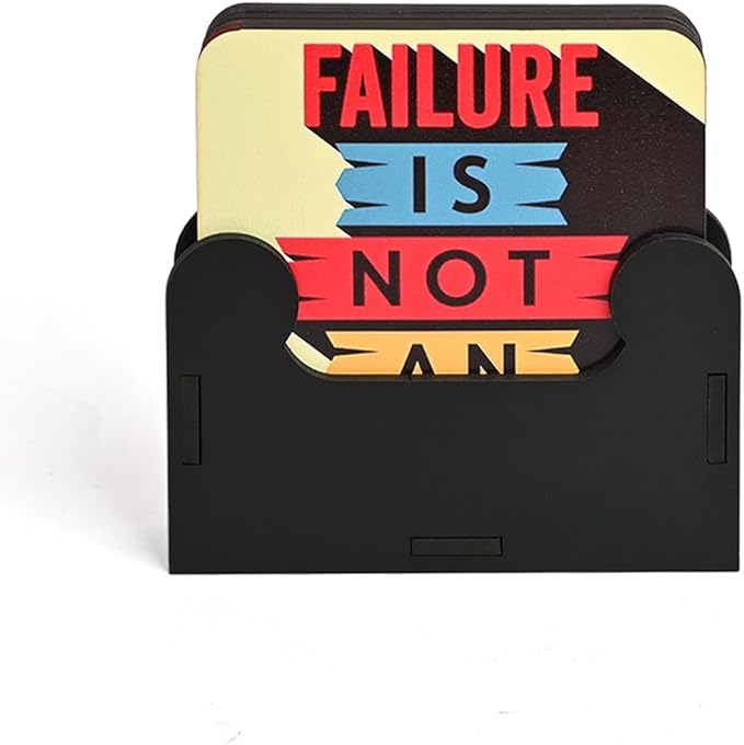 GKD Wooden Coasters for Drinks, Motivational MDF Wooden Coasters Set of 6 with Holder, 3.8 inches Eco-Friendly Absorbent Coaster for Coffee Table, Office, Bar, Drinking Glasses, Tabletop Protection
