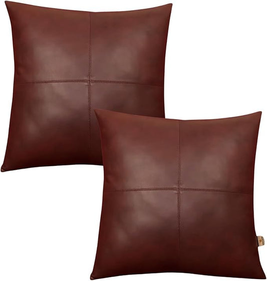 Genuine Lambskin Leather Pillow Cover, 14x14 Inch Case for Lumbar Throw Couch Pillows, Thick & Soft Cushion Covers for Sofa Bed Home Décor (Antique Dark Brown Plain Pack of 2)