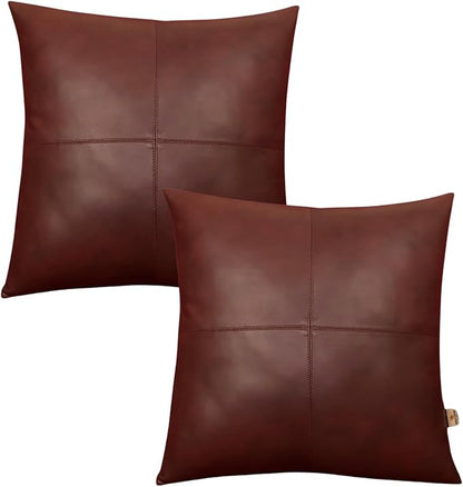 Genuine Lambskin Leather Pillow Cover, 22x22 Inch Case for Lumbar Throw Couch Pillows, Thick & Soft Cushion Covers for Sofa Bed Home Décor (Antique Dark Brown Plain Pack of 2)