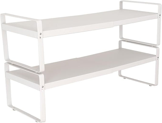 Set of 2 White Kitchen Countertop Shelves, Expandable Cabinet Shelf Organizers, Stackable Metal Pantry Storage Shelves for Spice Rack, Cupboard