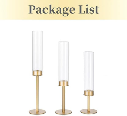 Hewory Gold Candle Holders, 12Pcs Brass Hurricane Candlestick Holders with Glass Candle Cover for Wedding Table Centerpiece Christmas Decor
